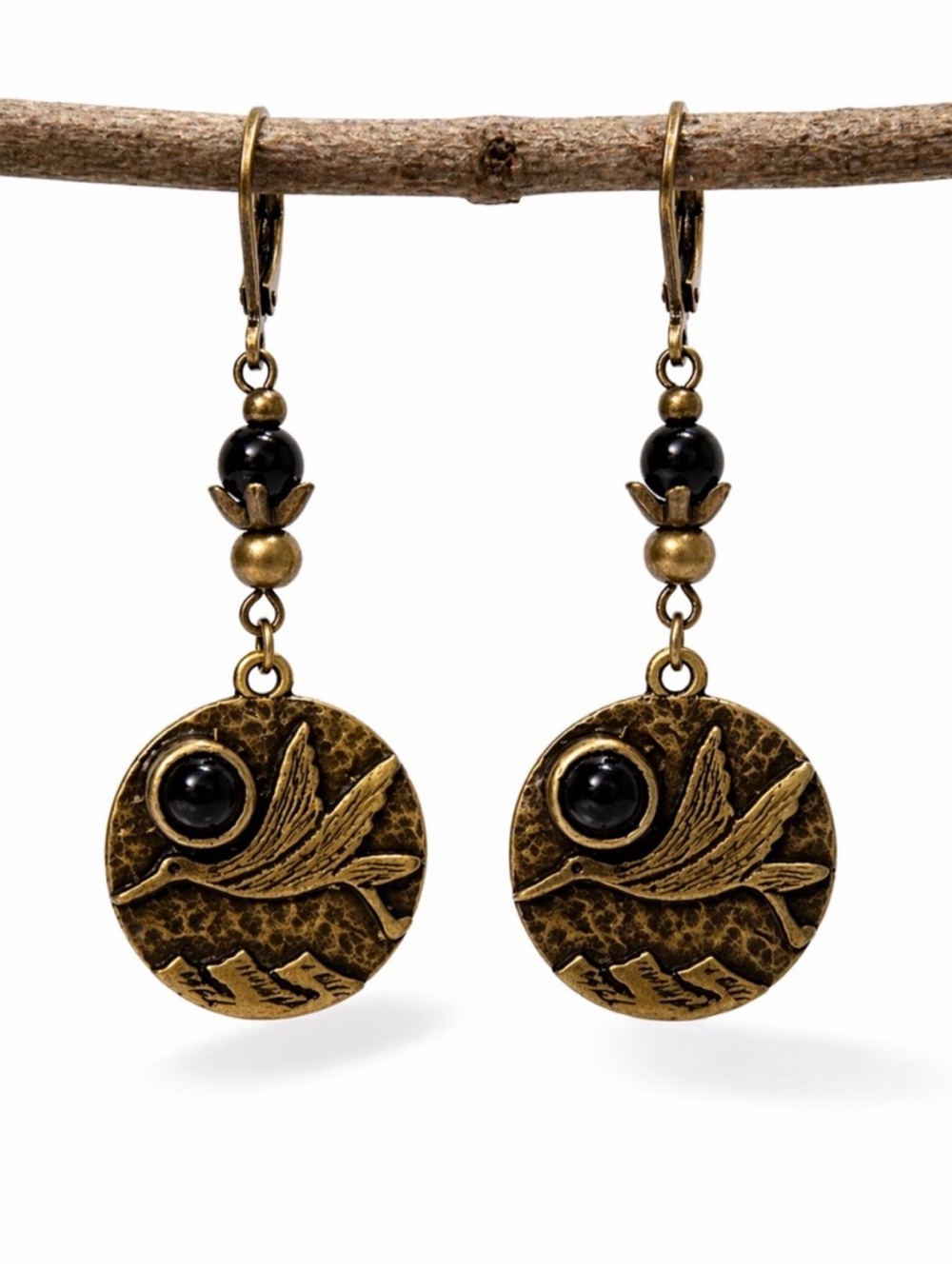 Boho Antique Bronze Bird Dangle Earrings Black Stone Dangle Lightweight